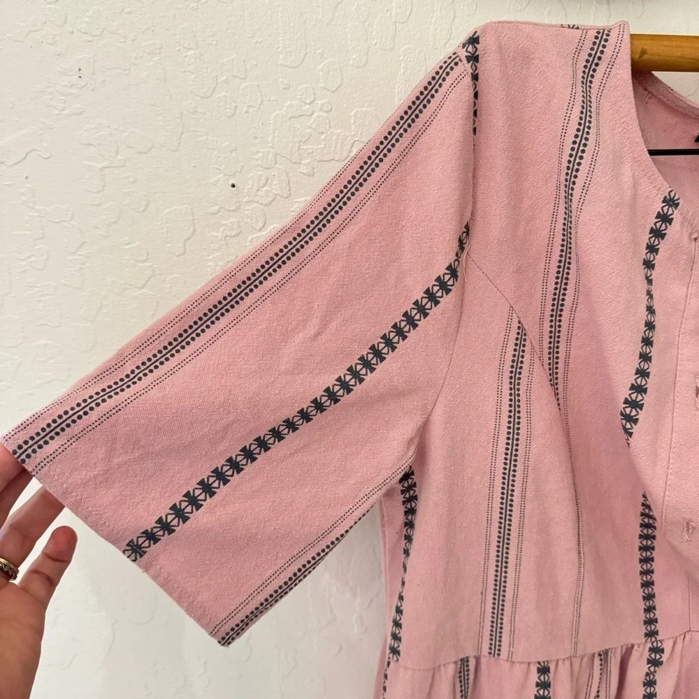 Roolee texture stripe Henley button midi dress half sleeve M - Picture 5 of 6